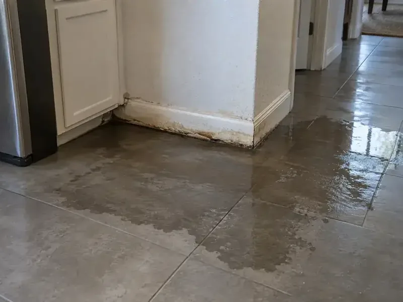 Water spreading across a tile floor from a hidden leak in a kitchen