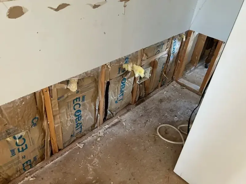Wall framing and wet insulation exposed behind a drywall cut
