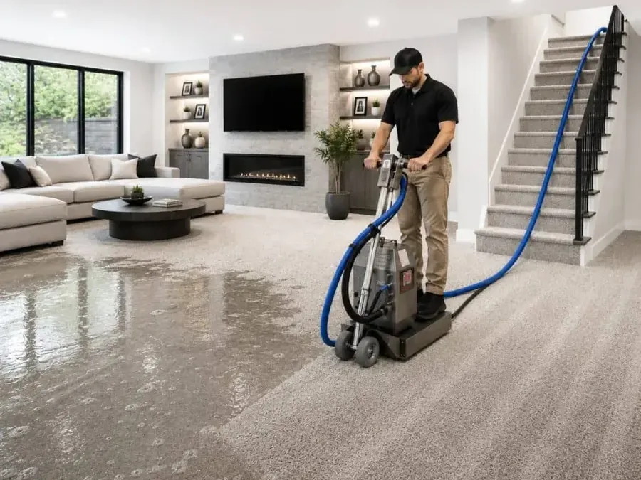 Technician extracting water from carpet in a ground-floor living room beside a staircase